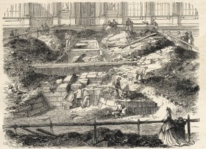 Utgrävningar i Cour Carree du Louvren - Upptäckt av grunden till det före detta tornet Philippe Auguste - Utgrävningar utförda på Louvrens innergård - uppdatering av grunderna för det tidigare Tour Philippe-Auguste - Gravyr i "Le monde i av French School
