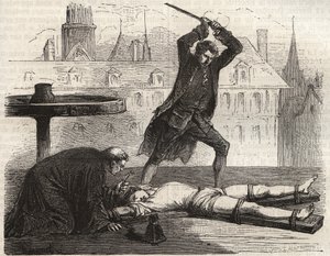 Avrättning (Le torice de la roue) av förgiftaren Antoine-Francois (Antoine Francois) Desrues (1744-1777) på Place des Greves i Paris 1777 - Desrues straff, bruten på hjulet på Place de Greve i Paris av French School