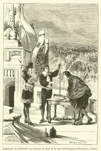 Upplevelse av kvicksilverbarometern på toppen av Saint-Jacques-la-Boucherie-tornet, i Paris (gravyr) av French School