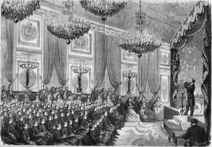 Fysikaxperiment utförda av Henri Robin (cirka 1803-1874) för att hedra de bästa studenterna vid Lycees de Paris, en föreställning som erbjuds av Prince Imperial på Tuileriespalatset den 27 januari 1865. Närvarande: Prince Imperial, son till N av French School