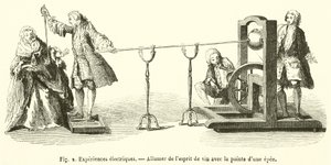 Elektriska experiment, tänder andan av vin med spetsen av ett svärd (gravyr) av French School