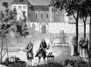 Experiment som gjordes 1746 av Lemonnier i klostret Chartreux för att uppskatta elektricitetens hastighet - i "Album de la Science; berömda vetenskapsmän; Stora upptäckter””” 1896. av French School
