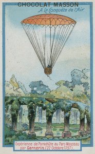Experimentera med fallskärmshoppning vid Parc Monceau av Andre-Jacques Garnerin (22 oktober 1797) av French School