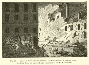 Explosion av den infernaliska maskinen, rue Saint-Nicaise, 3 Nivose, år IX, faksimil av en gravyr från tiden meddelad av M A Bonnardot av French School