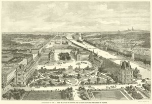 Utställning 1889, aspekt av Place du Carrousel med den planerade trädgården på platsen för Tuilerierna (gravyr) av French School