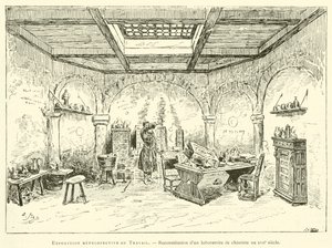 Retrospektiv utställning av Labor, rekonstruktion av ett kemistlaboratorium på 1600-talet (gravyr) av French School
