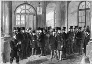 Förlängning av presidentperioden för marechal av Mac-Mahon (Mac Mahon), etablering av septennaten i Frankrike, november 1873: utsikt över entrédörren till Assembllee de Versailles, dagen för diskussionen om prorogationen. Från vänster till höger av French School