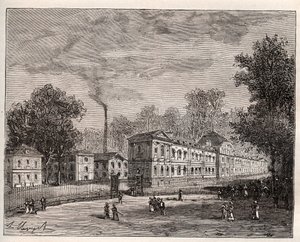 Exteriörvy av den Imperiale Porslinsfabriken i Sevres, byggd i parken Saint Cloud efter arkitekten Laudins planer - gravyr i "Frankrike illustree: geografi, historia, statistisk administration" av V.-A. Malt-brunt. 1884 av French School