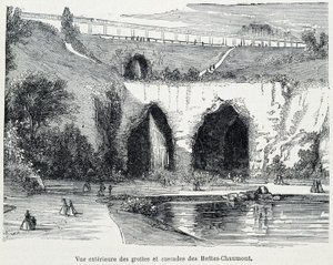Exteriör vy av kaskaderna och grottorna i Buttes Chaumont, gravyr från 1800-talet av French School