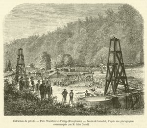 Oljeutvinning, Woodford och Philipp Wells, Pennsylvania (gravyr) av French School