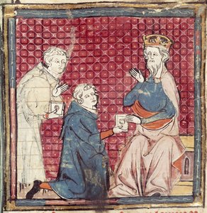 F.117r Budbärare som berättar för Karl den Store om segern över saracenerna, från Grandes Chroniques de France, 1375-79 av French School