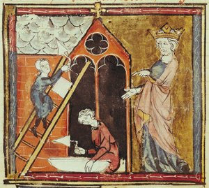 F.235v Kung Ludvig VI (1080-1137) Tittar på byggandet av en kyrka, från Grandes Chroniques de France 1375-79 av French School