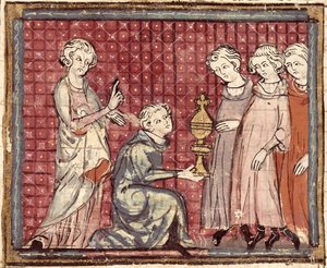 F.29r The Division of the Kingdom on the Death of Clotaire I (497-561), from the Grandes Chroniques de France 1375-79 av French School