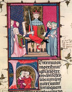 F.39r Conjugal Law, en äktenskaplig hustru som framträder i rätten, från Justiniani i Fortiatum av French School