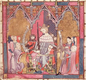 F.3r The King Administering Justice, från Justiniani i Fortiatum av French School