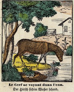 Fables de La Fontaine: rådjuren ser sig själva i vattnet. Bild av Epinal, första hälften av 1800-talet av French School