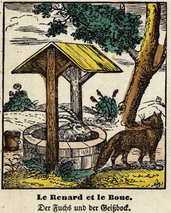 Fables de La Fontaine: räven och de goda. Bild av Epinal, första hälften av 1800-talet av French School