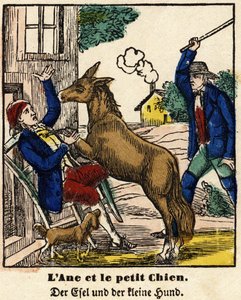 Fables of La Fontaine: åsnan och den lilla hunden. Bild av Epinal, första hälften av 1800-talet av French School