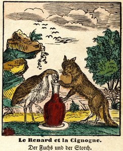 Fabler av La Fontaine: räven och storken. Bild av Epinal, första hälften av 1800-talet av French School