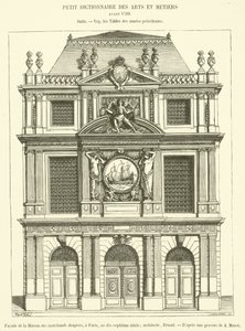 Fasad av Maison des Marchands Clothiers, i Paris, på 1600-talet (gravyr) av French School