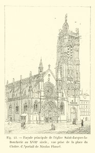 Huvudfasaden av kyrkan Saint-Jacques-la-Boucherie på 1600-talet, utsikt tagen från Place du Cloitre, portal av Nicolas Flamel av French School