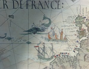 Facsmile of Whaling and Isle of Saint Brandon, detalj från en portolankarta av Pierre Desceliers, 1546, publicerad i Monuments de la Geographie av Edme Francois Jomard (1777-1862)