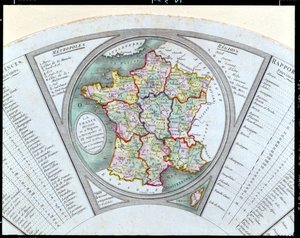 Fan som visar kartan över Frankrike som uppdelad i 9 regioner, 10 metropoler och 83 departement, 1790