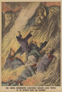 Fanatiska buddhistiska munkar som bränner sitt tempel och kastar sig i lågorna på ön Formosa (färg litho) av French School