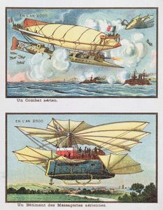 Fantasiskildringar av en luftstrid och av ett flygplan för att transportera gods år 2000, ca 1910 av French School