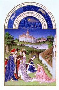Faksimil av april: höviska figurer på slottsområdet av bröderna Limbourg, från Tres Riches Heures du Duc de Berry (för original se 8436) av French School