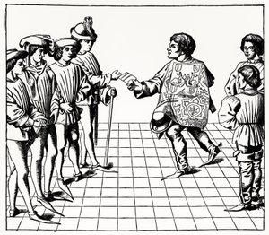 Vapenkonungens mode och sätt, från Tournois du roy Rene, illustration från vetenskap och litteratur under medeltiden och renässansen, skriven och graverad av Paul Lacroix, 1878 (gravin av French School