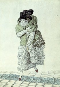 Modeskylt föreställande en dam som korsar en avloppsström, 1811 (färggravyr) av French School