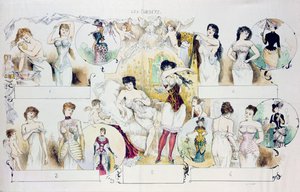 Modetallrik för La Vie Parisienne föreställande korsetter, ca 1870 (färgstick) av French School