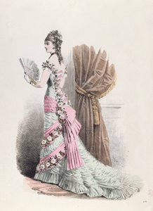 Modetallrik av en kvinna i aftonklänning och med en solfjäder, 1877 (färggravyr) av French School