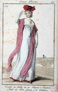 Mode under Directoire: elegant ung kvinna klädd i parisisk kostym: cocarde i lakan på engelsk hatt, klänning brynt med coblentz. Anonym gravyr. 1797 Paris, Musee du costume av French School