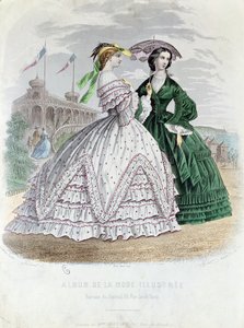 Fashionabla parisiska damer vid havet, 1861 (färggravyr) av French School