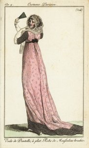 Fashionabla kvinna i spets slöja, damast muslin klänning av French School