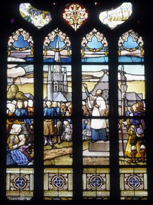 Fader Maunoir predikar i Kerlas det stora uppdraget 1658 - målade glasfönster i St Germain-kyrkan i Kerlaz av French School