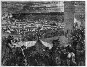 Federationens högtid vid Champ de Mars i Paris på ettårsdagen av intagandet av Bastiljen den 14 juli 1790. Gravyr i "Histoire des Papes-Rois-Queen and Empereurs a travers les centuries" av Maurice Lachatre av French School