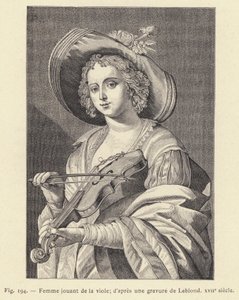 Kvinna som spelar viol, efter en gravyr av Leblond, 1600-talet (gravyr) av French School