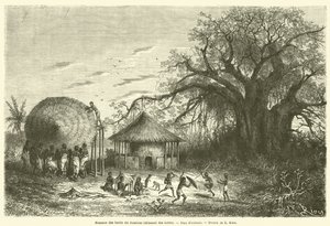 Kvinnor från stranden av Zambezi bygger hyddor, barnspel (gravyr) av French School