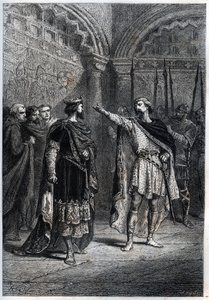 Feodal regim: "Vem gjorde dig till kung? "" : Audebert (Adalbert), greve av Perigord (968-995), svarar oförskämt på kung Hugues Capet (938-996) som frågade honom vem som fick honom att räknas - Gravering av däck "Histoire de France" av Guizot av French School