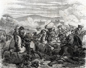 Ferdinand de Marsin dödligt sårad i slaget vid Turin 1706 (gravyr) av French School