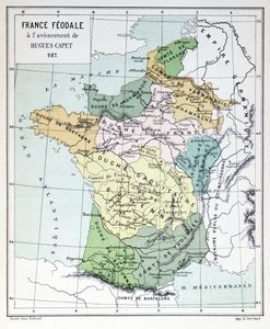 Feodala Frankrike vid tiden för Hugues Capets tillträde 987, karta illustrerad i en Histoire de France c.1880