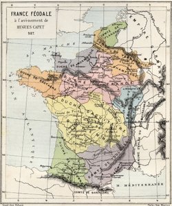 Feodalism - Frankrike Feodalism vid Hugues Capets tillkomst - 987 - gravyr från "" Frankrikes historia berättad för mina barnbarn"" - av Francois Guizot - 1872-1876 av French School