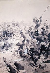 Strider mellan zulus och engelska soldater, ca 1878 (akvarell på papper) av French School