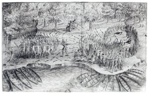 Huroner i strid, ur "Voyage de Champlain in 1624" av Samuel de Champlain (1567-1635) av French School