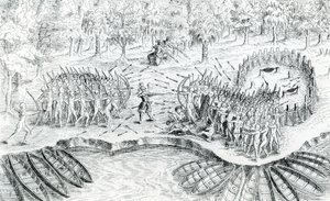 Fighting of Hurons, från Voyage de Champlain 1624 av Samuel de Champlain, 1567-1635 av French School