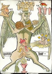 Figur som symboliserar evangelisten Saint Luke: en tjur umgås med staden Jeriko (eller Jerusalem), ett druvklase, en profet, den yttersta domens Kristus framträder med stjärnor och solstrålar, ett porträtt av en jude, en kalk . Gravyr från "Ars av French School