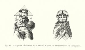 Trehövdade figurer av treenigheten, från manuskript och inkunabel (gravyr) av French School